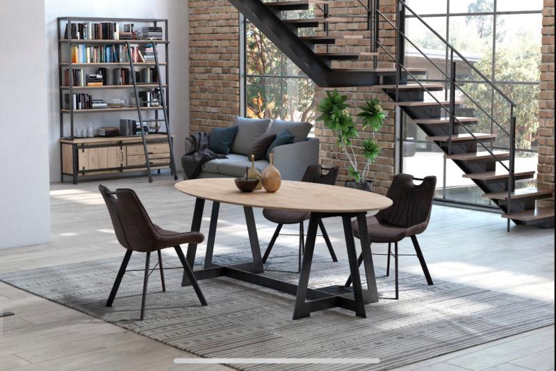 QUEENS Table ELIPSE 210cm - 2 ALL 46cm au centre - plateau et allonge en placage de chêne rustique - pied en fer