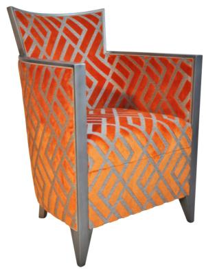 Fauteuil Nathan CHARLES PAGET Laque Vieil Argent Tissu Losange Orange 