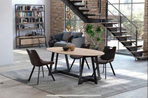 QUEENS Table Elipse 185cm - 1 ALL 50cm au centre - plateau et allonge en placage de chêne rustique - pied en fer 